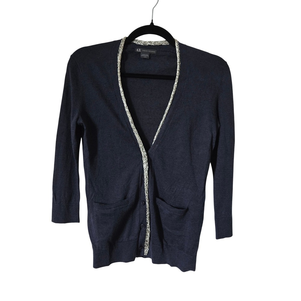 Armani Exchange Womens XS Cardigan Sweater Navy Blue Metallic
Trim Linen Cotton